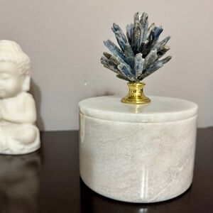 ✨BLUE KYANITE PINECONE ON ROUND NATURAL MARBLE DECOR BOX✨